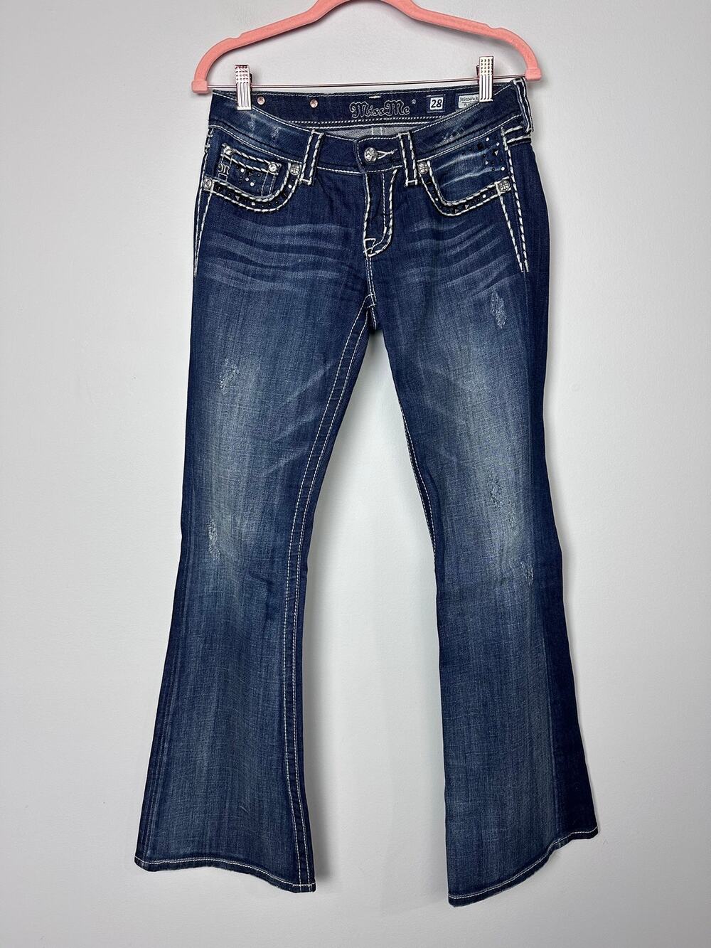Miss Me Jeans Low Rise Blue Distress Wash Flare Denim Size 28